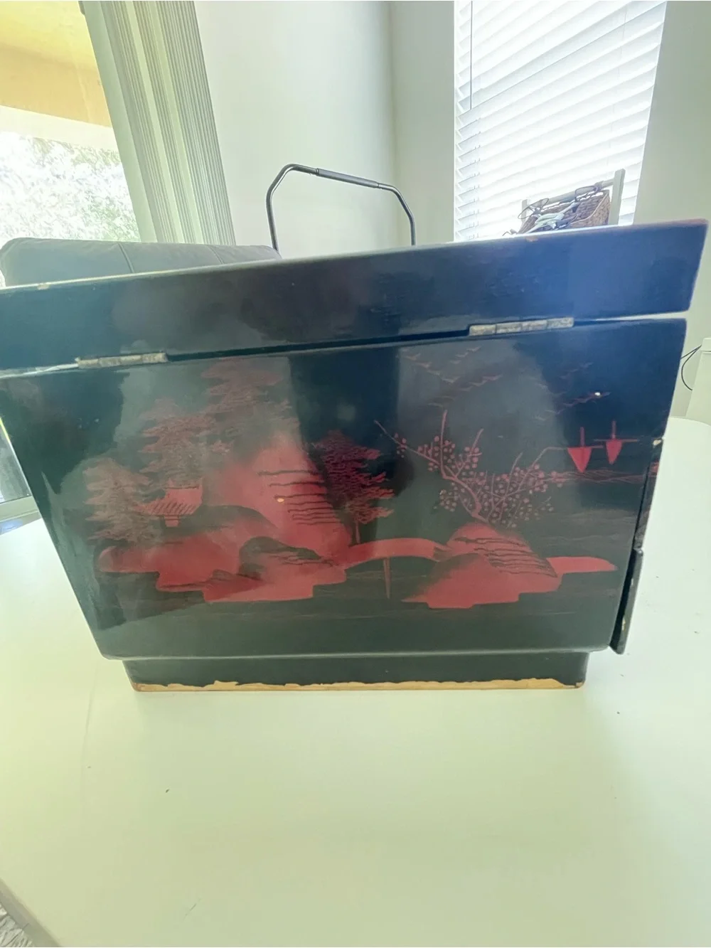 Black/Red Lacquered Wood Jewelry Box w/ Mirror, Velvet Lined Drawers, Asian